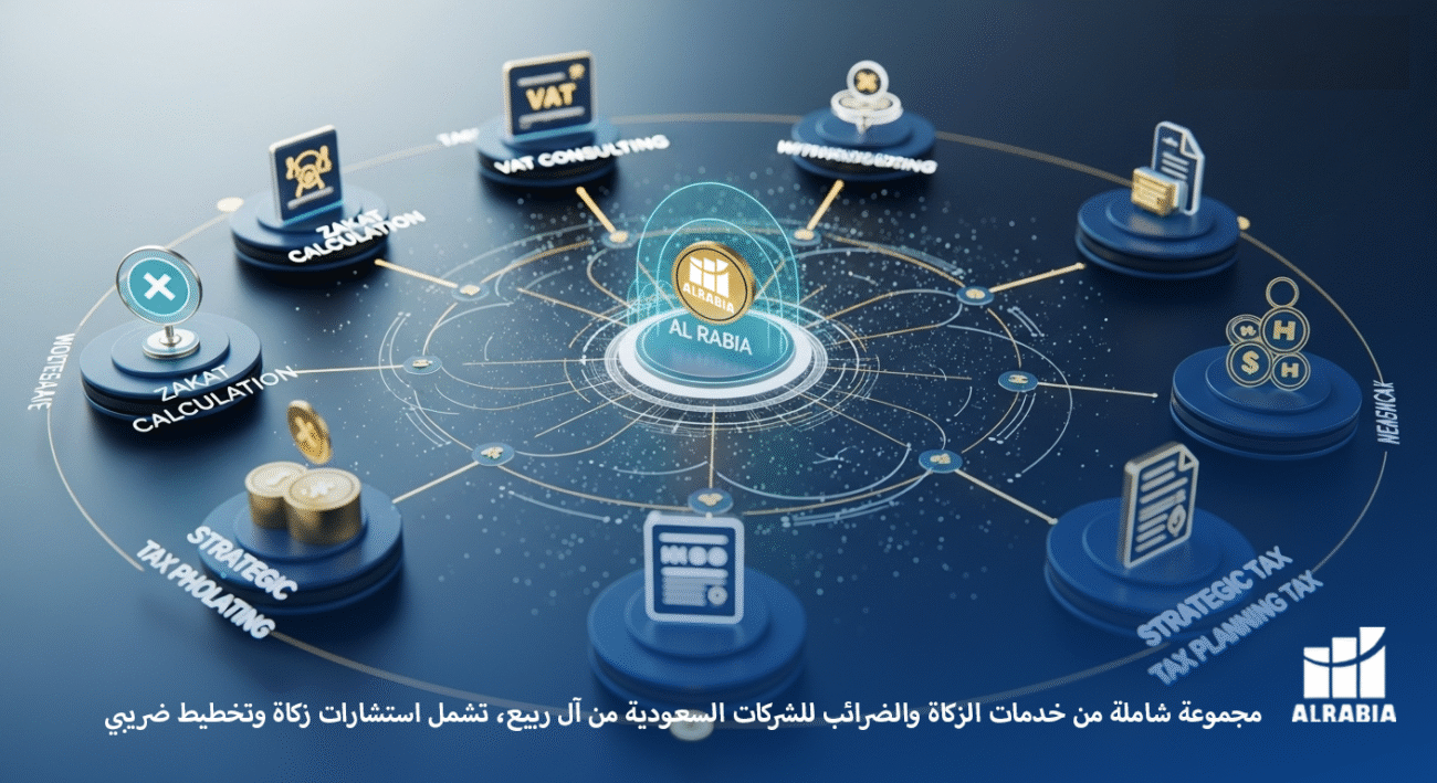 مجموعة شاملة من خدمات الزكاة والضرائب للشركات السعودية من آل ربيع، تشمل استشارات زكاة وتخطيط ضريبي